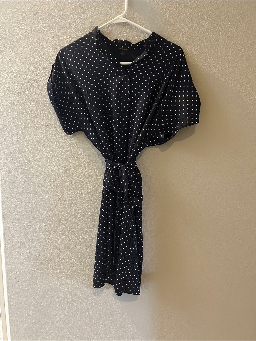 Ann Taylor Navy and White Polka Dot Midi Dress with Tie Waist